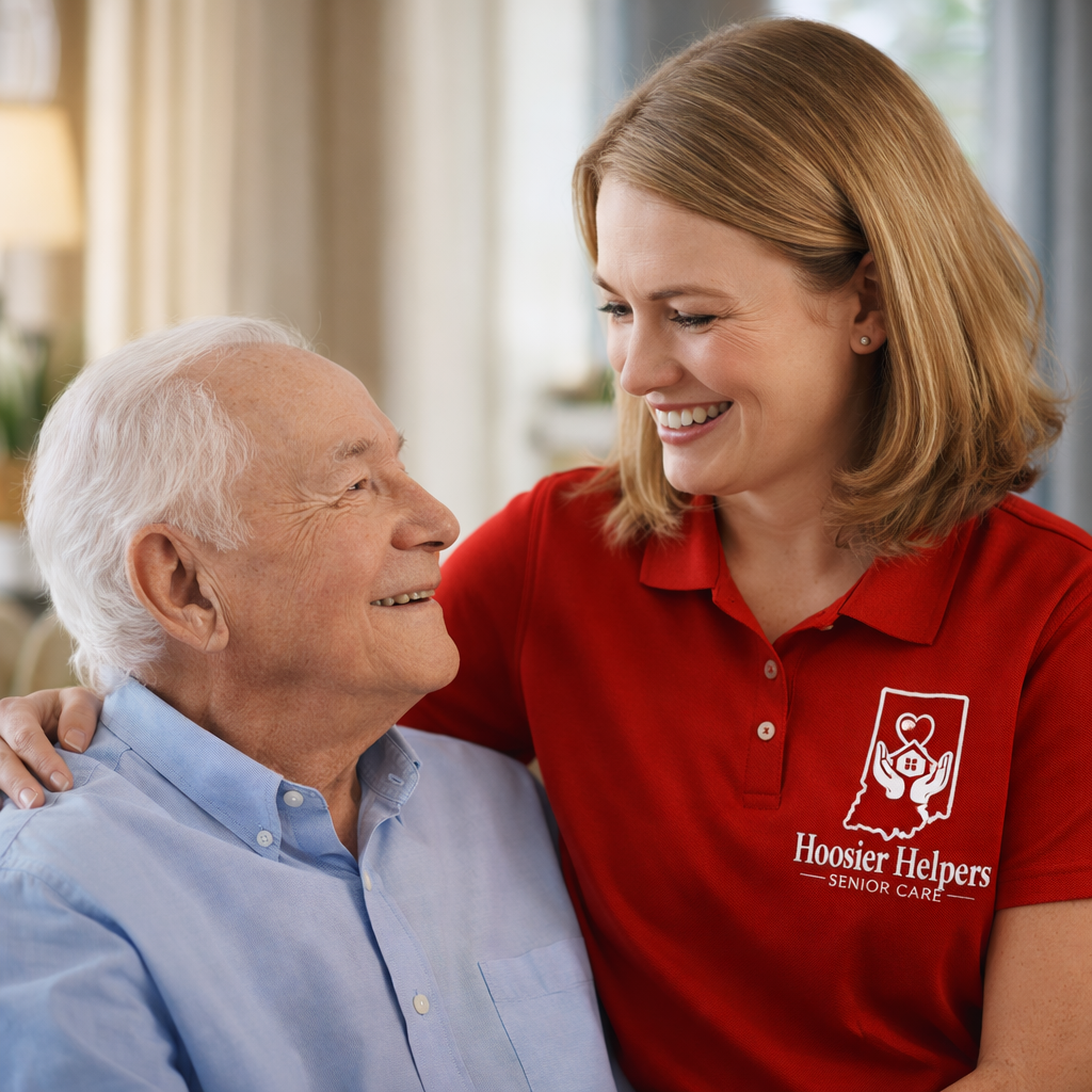 Caregiver smiling with senior man